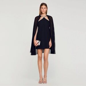 Black Mini Dress with Sheer Cape and Embellished Neckline